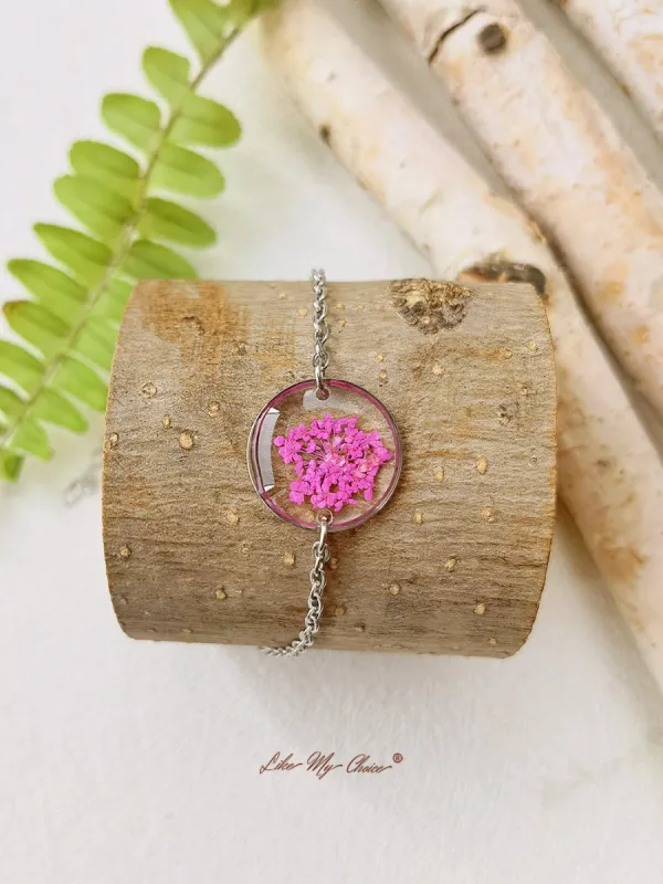 Pink Queen Anne Lace Handmade Pressed Flower Resin Round Bracelet sold by Like My Choice