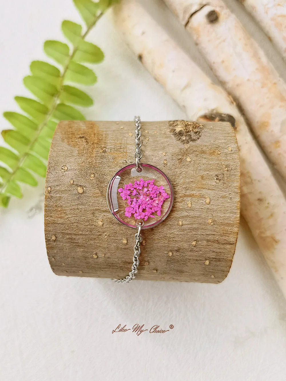 Pink Queen Anne Lace Handmade Pressed Flower Resin Round Bracelet sold by Like My Choice