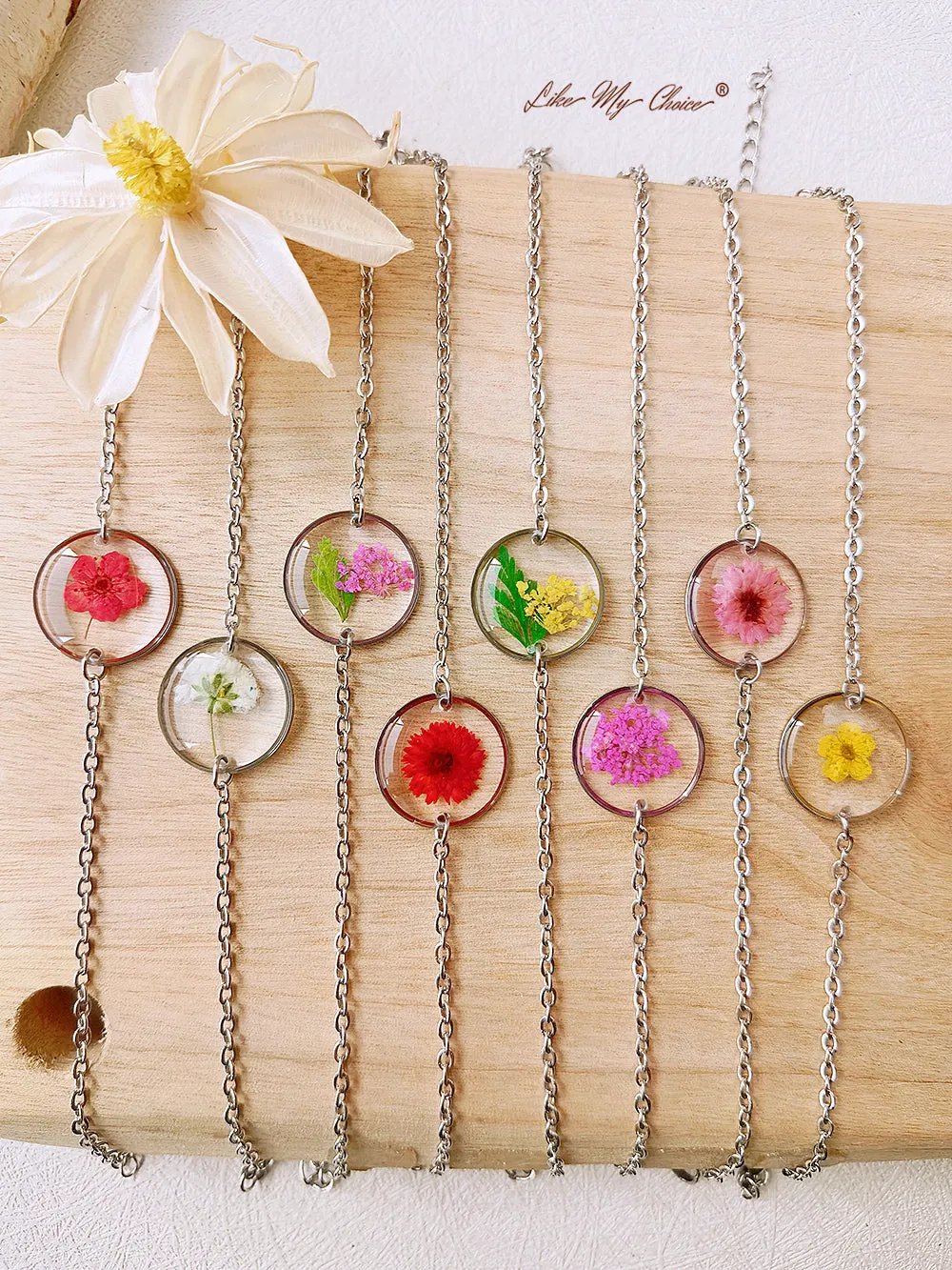 Pink Queen Anne Lace Handmade Pressed Flower Resin Round Bracelet sold by Like My Choice product image thumbnail 2