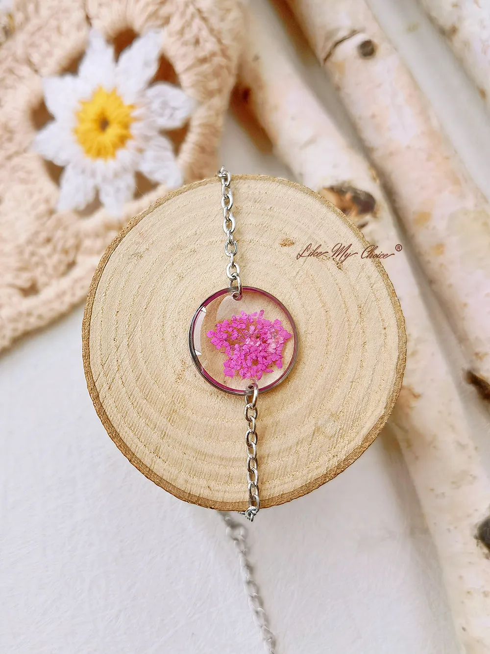 Pink Queen Anne Lace Handmade Pressed Flower Resin Round Bracelet sold by Like My Choice product image thumbnail 3