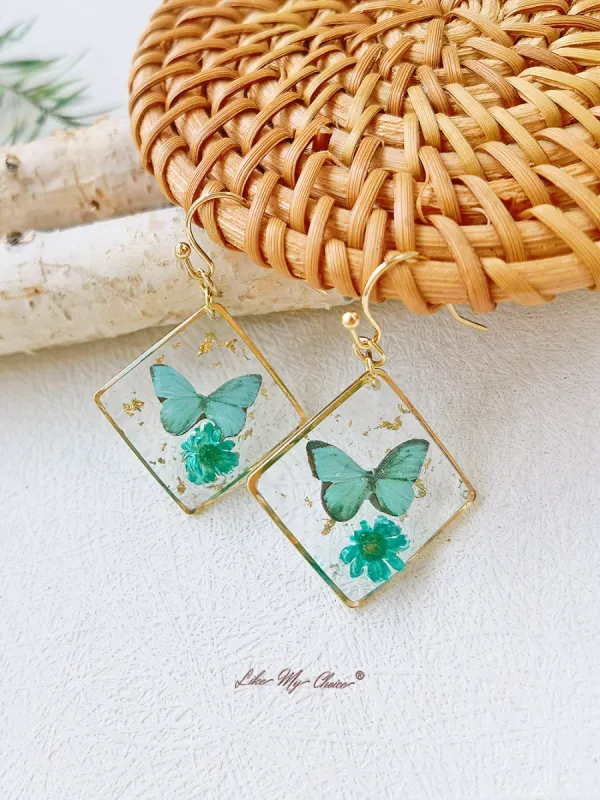 Gypsophila Dried Flower Butterfly Square Earrings sold by Like My Choice