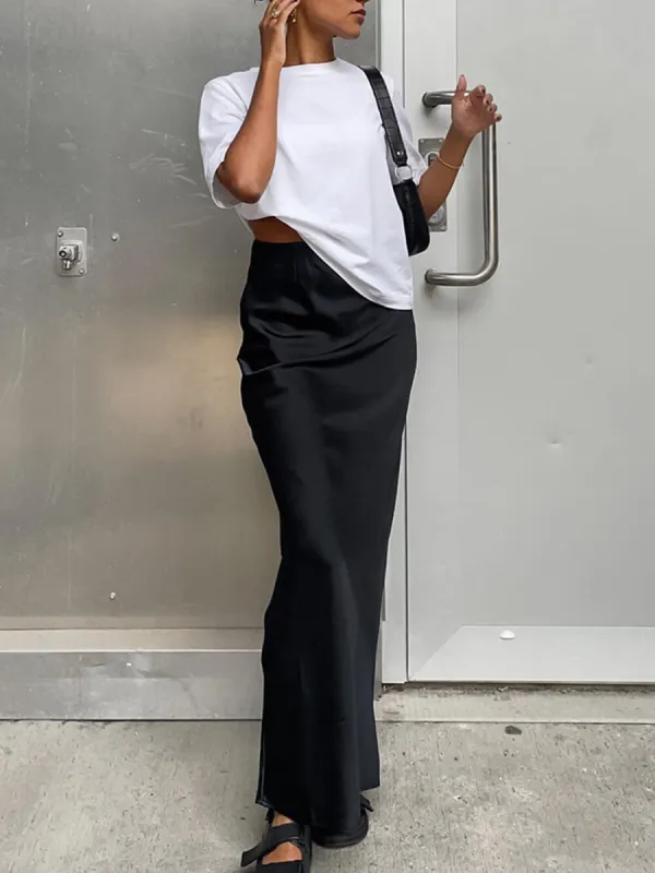 Black Long Satin High Waist Fishtail Skirt sold by Like My Choice