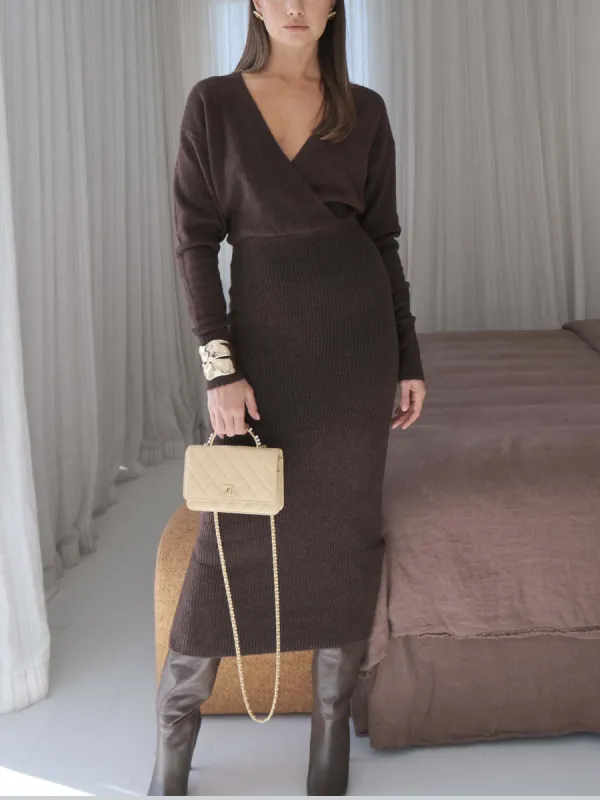 Elegant V-Neck Slim Sweater Hip-Wrapped Midi Dress sold by Like My Choice
