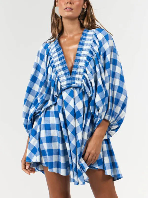 Retro Deep V-Neck Plaid Pleated Large A-Line Mini Dress sold by Like My Choice