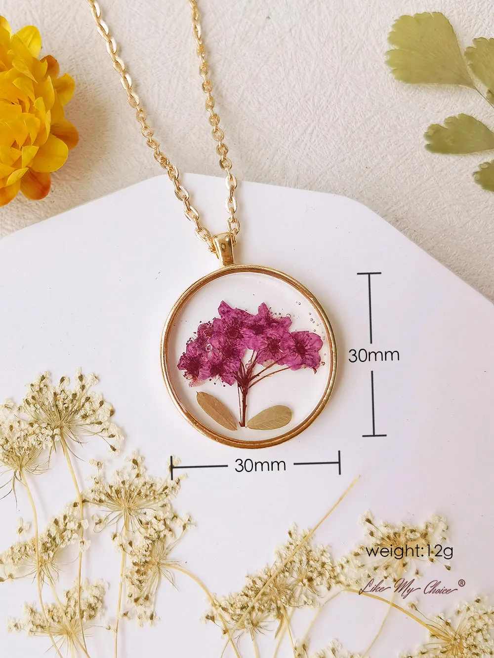 Natural Gypsophila Flower Resin Pressed Flower Botanical Pendant Round Necklace sold by Like My Choice product image thumbnail 3