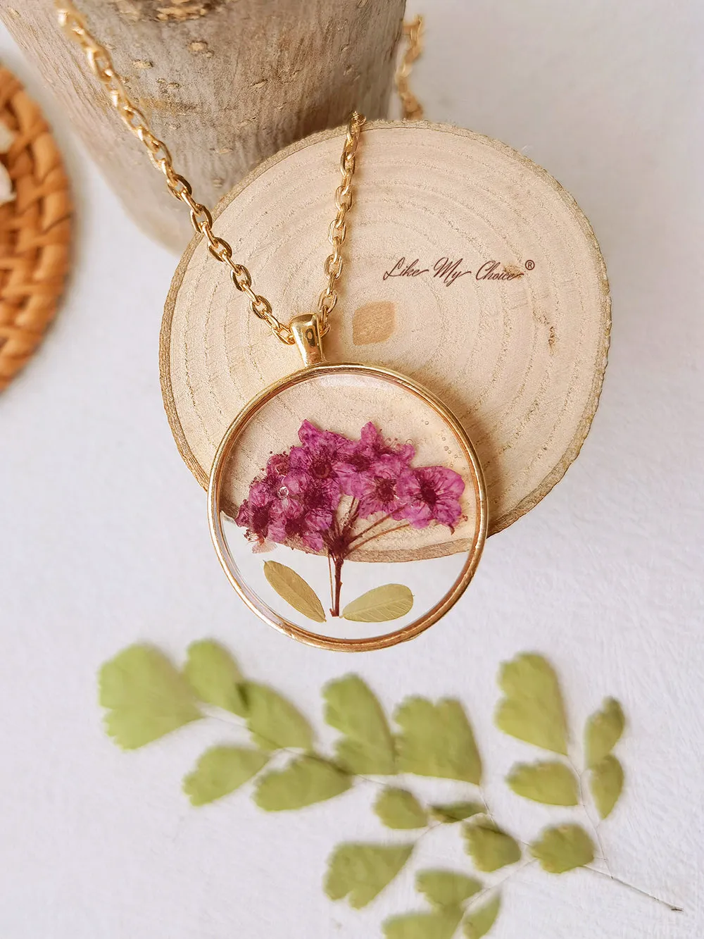 Natural Gypsophila Flower Resin Pressed Flower Botanical Pendant Round Necklace sold by Like My Choice