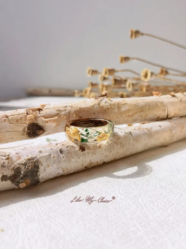 Handmade Dried Flower Inlaid Resin Ring-Gold Foil Flower sold by Like My Choice