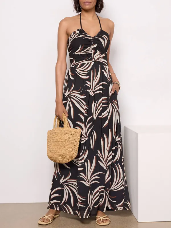 Palm Print Pleated Embellished Hanging Neck Pocket Extra Maxi Dress sold by Like My Choice