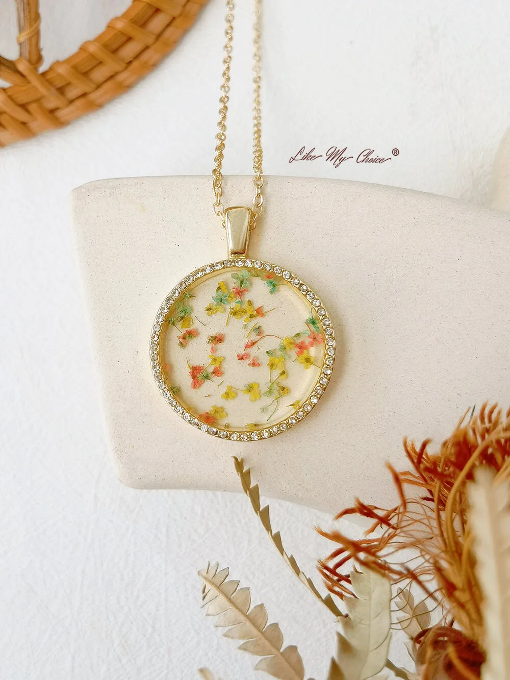 Floral Resin Round Crystal Pendant Necklace sold by Like My Choice