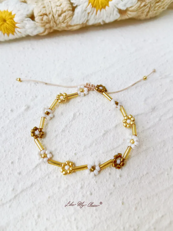 Adjustable Drawstring Beaded Bracelet Gold Daisy sold by Like My Choice