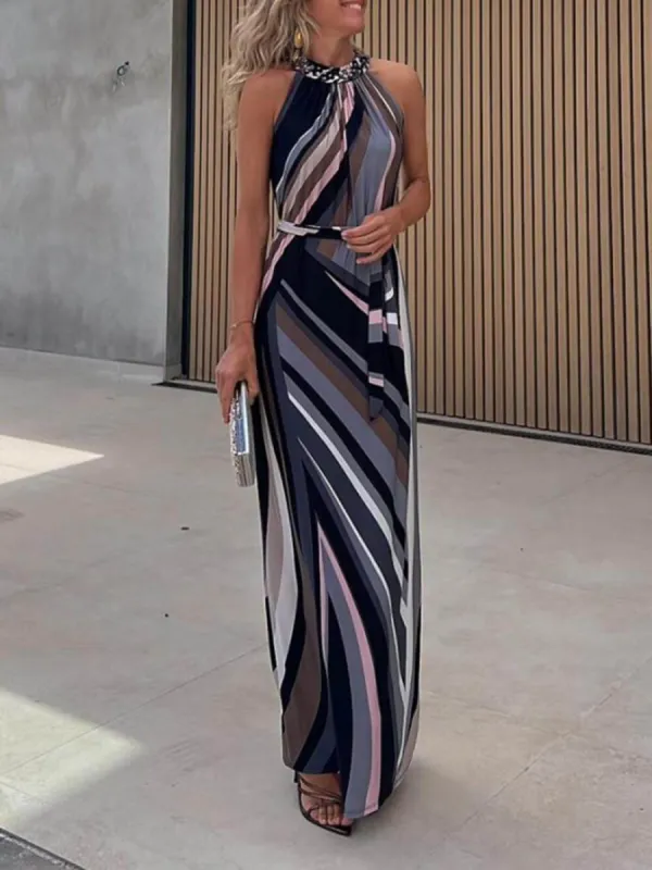Casual Loose Halterneck Striped Gradient Print Maxi Dress sold by Like My Choice
