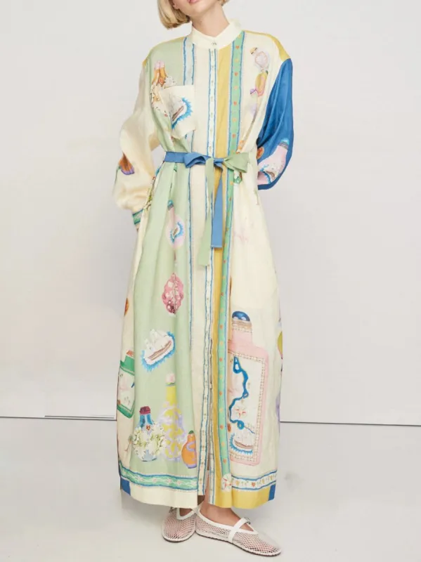 Unique Painting Print Lantern Sleeve Tie Midi Dress sold by Like My Choice