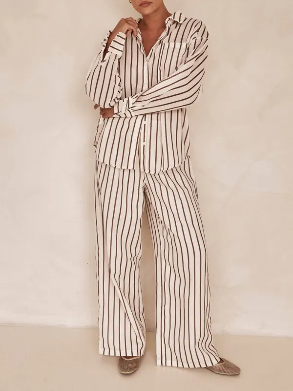Loose Casual Striped Patchwork Shirt And Wide-Leg Pants Suit sold by Like My Choice