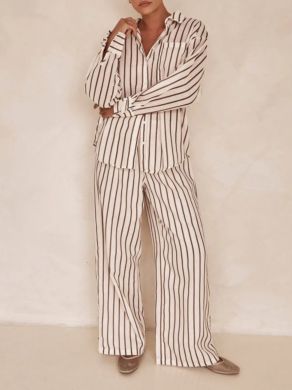 Loose Casual Striped Patchwork Shirt And Wide-Leg Pants Suit sold by Like My Choice