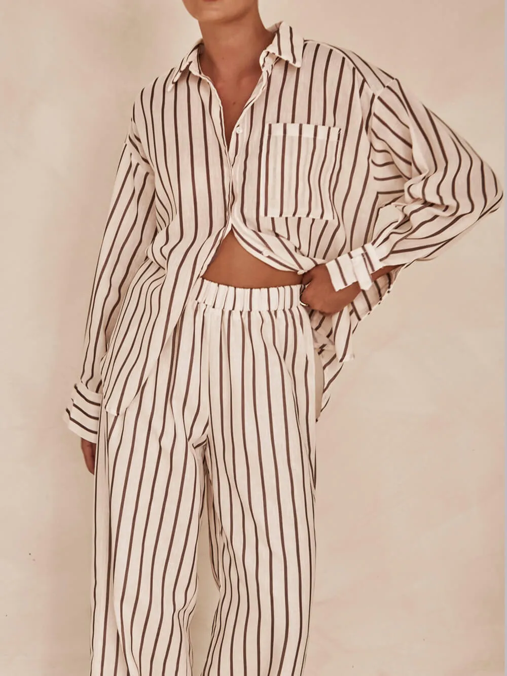 Loose Casual Striped Patchwork Shirt And Wide-Leg Pants Suit sold by Like My Choice product image thumbnail 3