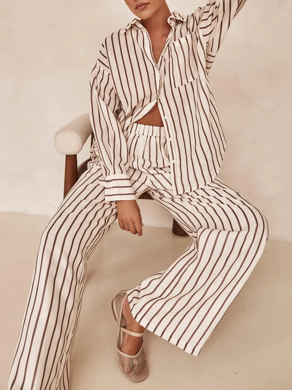 Loose Casual Striped Patchwork Shirt And Wide-Leg Pants Suit sold by Like My Choice product image thumbnail 2