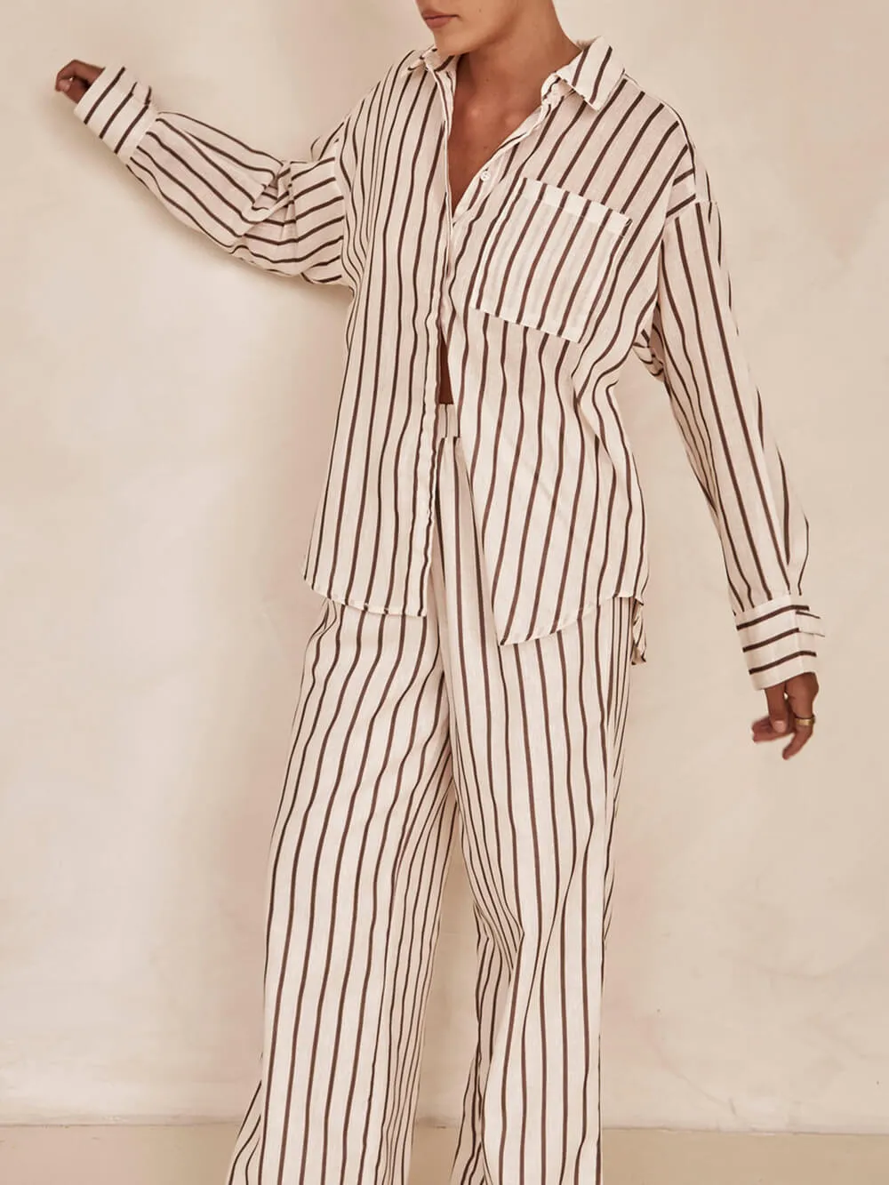 Loose Casual Striped Patchwork Shirt And Wide-Leg Pants Suit sold by Like My Choice product image thumbnail 4