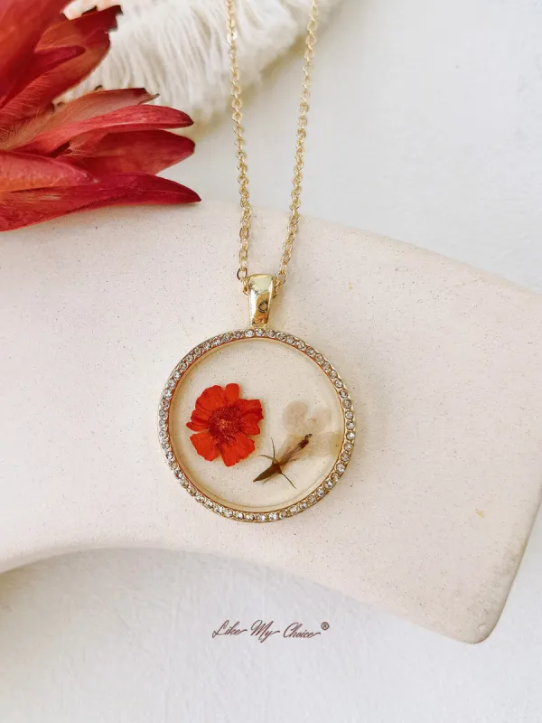 Flower Resin Round Crystal Pendant Necklace sold by Like My Choice