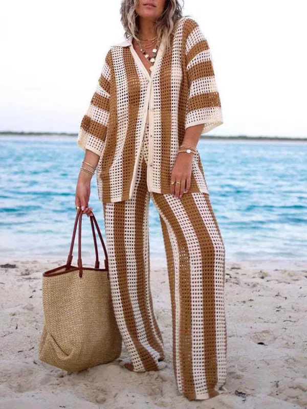 Fashion Loose V-Neck Hollow Out Striped Shirt Wide Leg Pants Set sold by Like My Choice
