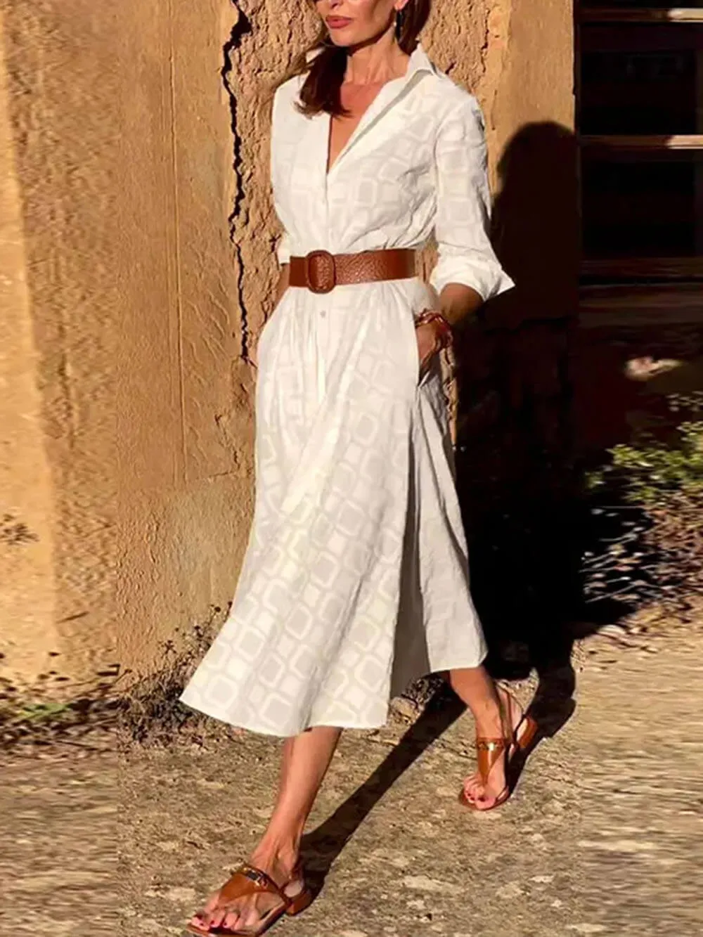 Check Print Belt Button Pocket Long Sleeve Midi Dress sold by Like My Choice product image thumbnail 2