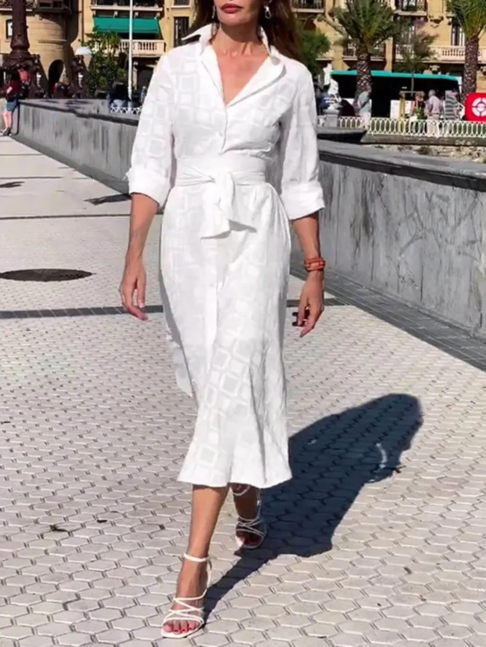 Check Print Belt Button Pocket Long Sleeve Midi Dress sold by Like My Choice product image thumbnail 4