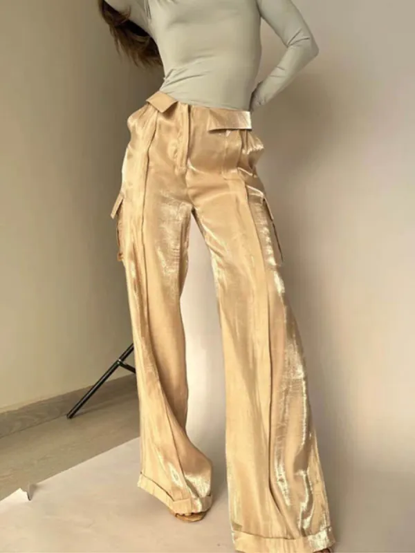 Golden Years Glitter Fabric Drawstring Waist Pocketed Wide Leg Pants sold by Like My Choice