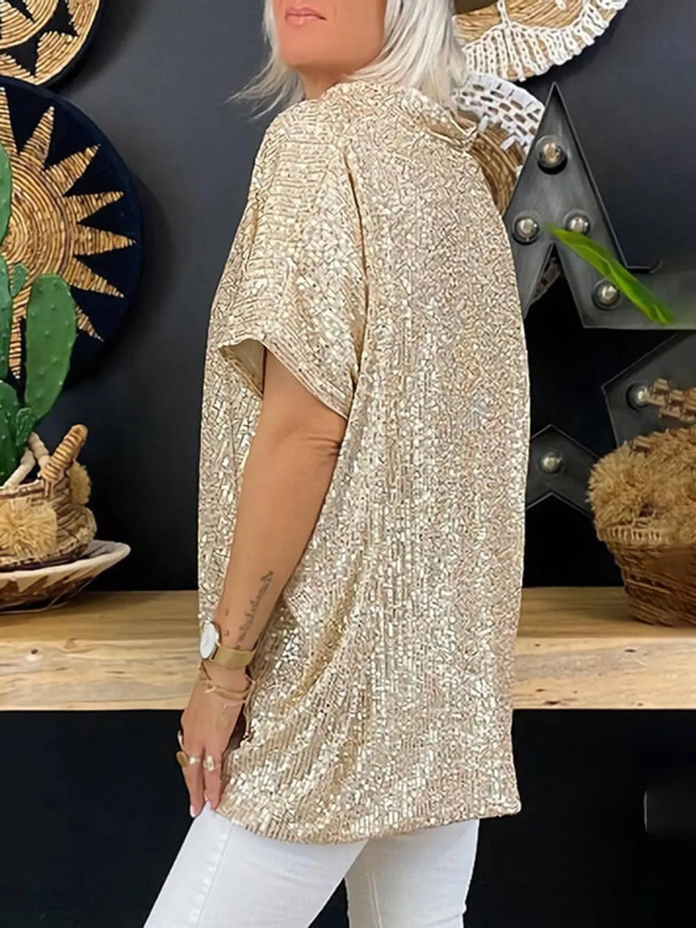 Bohemian Casual Loose Pullover Short Sleeve Sequin V-Neck Top sold by Like My Choice product image thumbnail 2