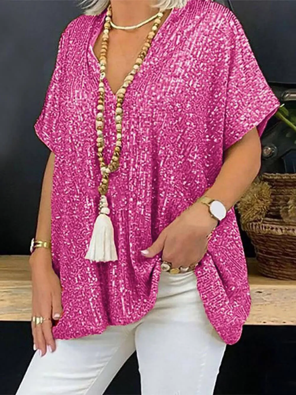 Bohemian Casual Loose Pullover Short Sleeve Sequin V-Neck Top sold by Like My Choice product image thumbnail 4