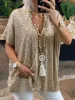 Bohemian Casual Loose Pullover Short Sleeve Sequin V-Neck Top sold by Like My Choice