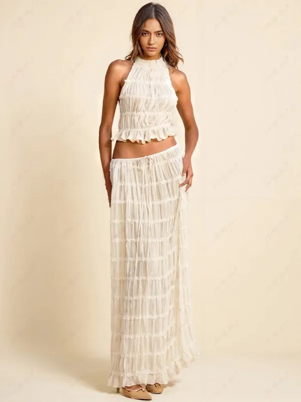 Charm Pleated Drawstring Waist Tiered Maxi Skirt sold by Like My Choice