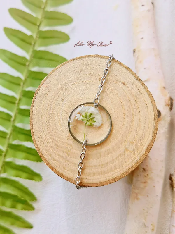 White Cosmos Sulphureus Pressed Flower Resin Round Bracelet sold by Like My Choice