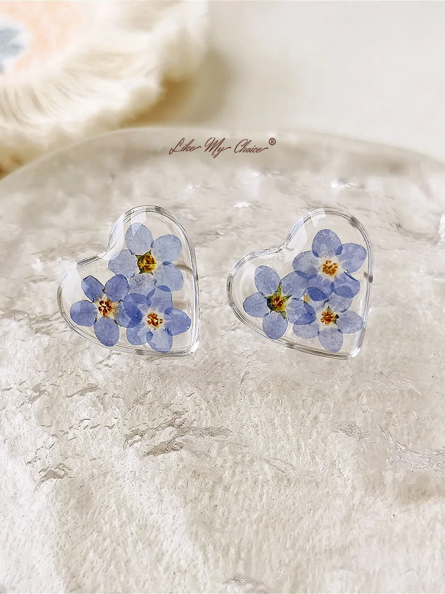 Pressed Flower Earrings - Heart Shaped Forget Me Not Flower sold by Like My Choice product image thumbnail 2