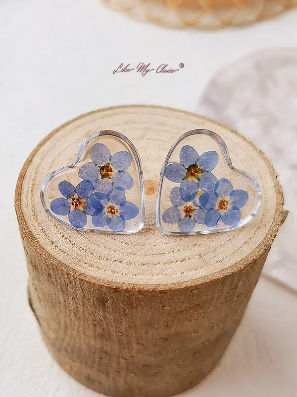 Pressed Flower Earrings - Heart Shaped Forget Me Not Flower sold by Like My Choice
