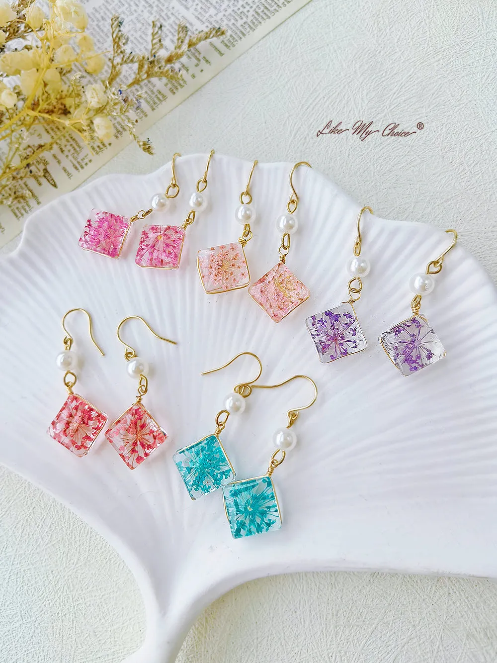 Handmade Resin Queen Anne Dried Flower Earrings sold by Like My Choice