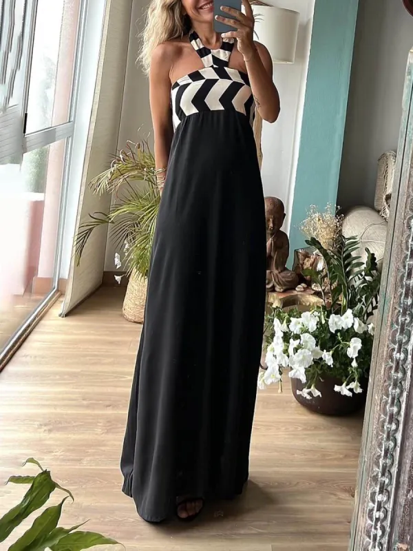 Unique Striped Print Loose Halterneck Maxi Dress sold by Like My Choice