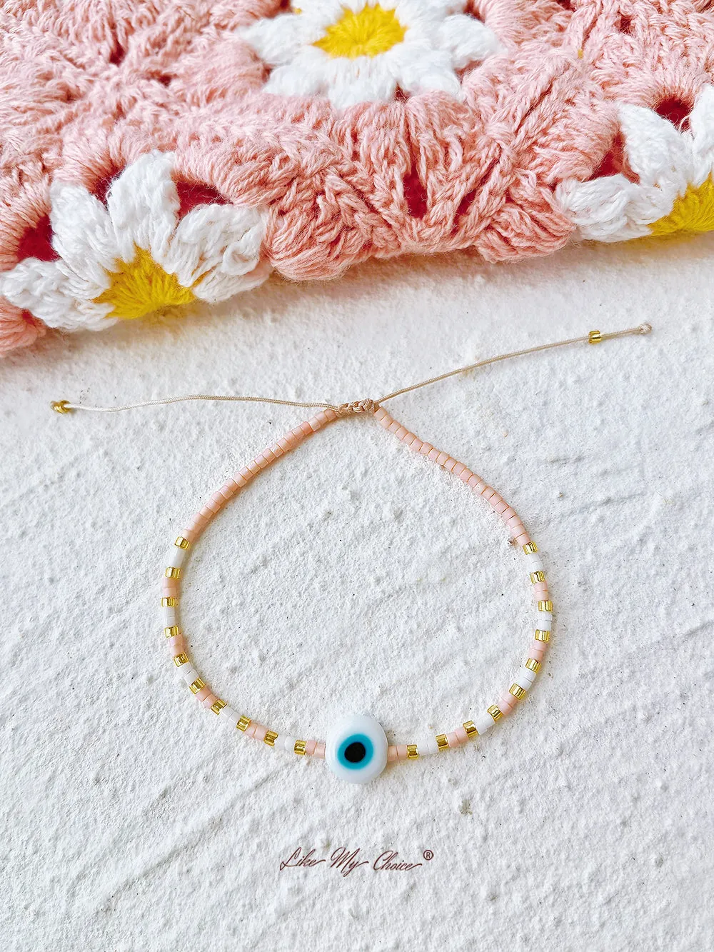 Adjustable Drawstring Beaded Bracelet Pink Eye sold by Like My Choice