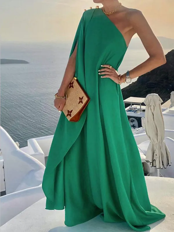 Fashionable Solid Color Loose One Shoulder Maxi Dress sold by Like My Choice