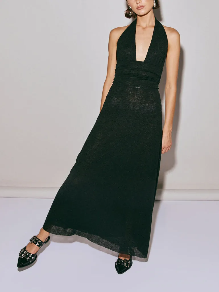 Halter Neck Deep V-Neck Slim Fit Pleated Backless Midi Dress sold by Like My Choice product image thumbnail 5