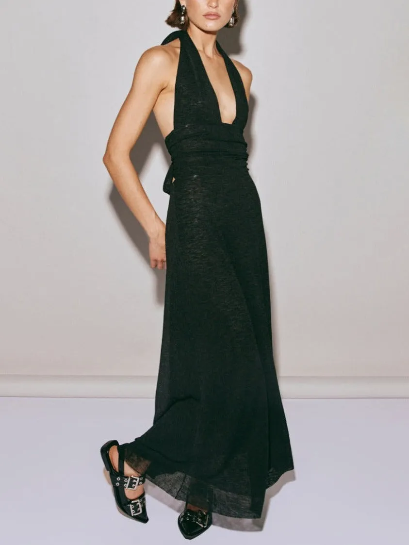 Halter Neck Deep V-Neck Slim Fit Pleated Backless Midi Dress sold by Like My Choice product image thumbnail 3