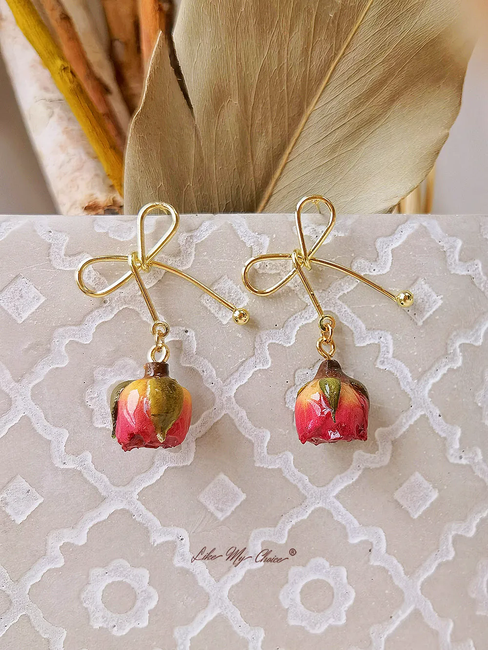 Rose Bow Dried Flowers Earrings sold by Like My Choice