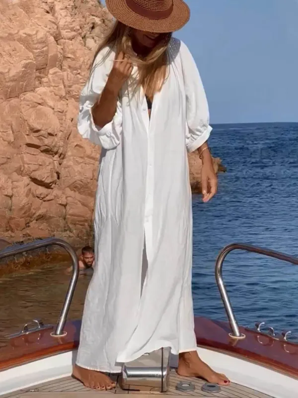Balloon Sleeve Button Pocketed Loose Shirt Maxi Dress sold by Like My Choice