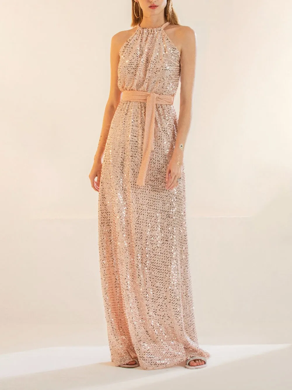 Evenings Sequin Halter Neck Belted Loose Maxi Dress sold by Like My Choice