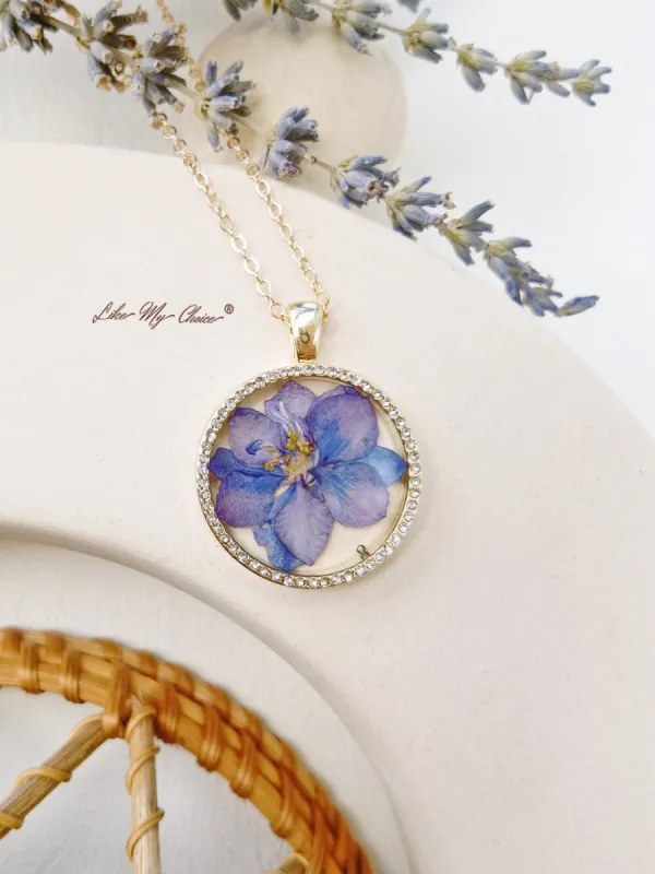 Violets Pressed Flower Resin Round Crystal Pendant  Necklace sold by Like My Choice
