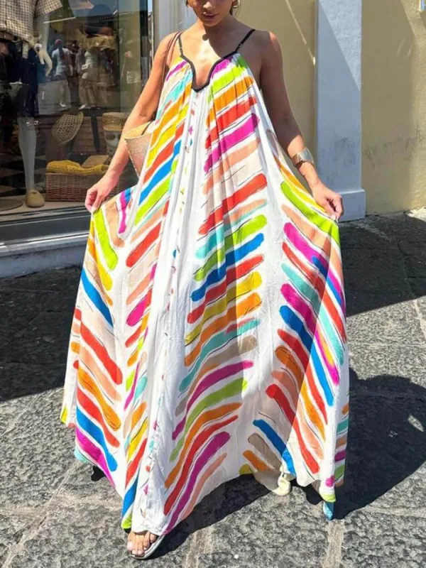 Modern Rainbow Stripe Print Loose Suspender Dress sold by Like My Choice
