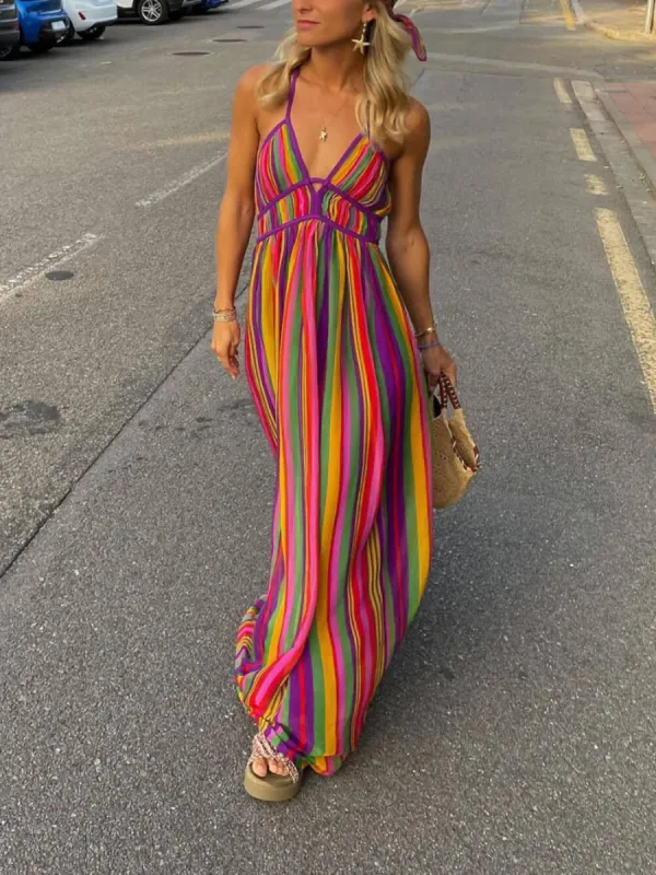 Rainbow Stripe Print V-Neck Maxi Dress sold by Like My Choice
