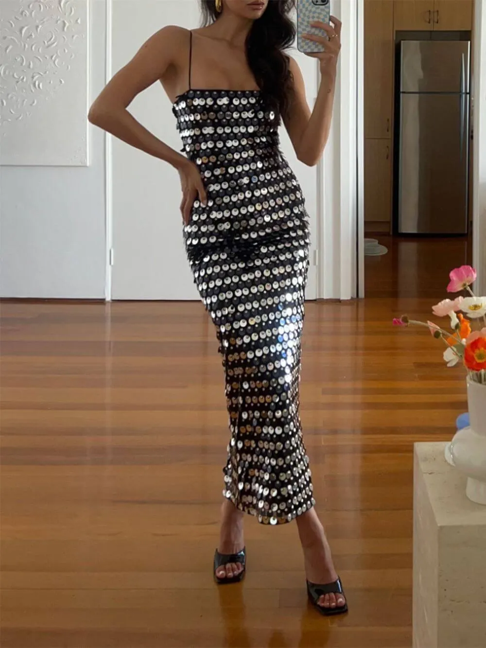 Silver Sequin Strap Midi Dress sold by Like My Choice