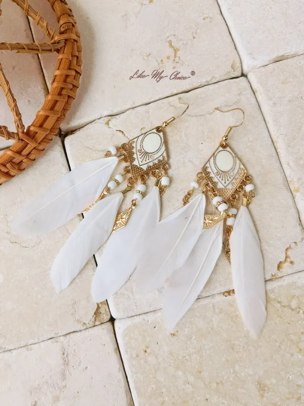 Boho Rhombus Beaded Feather Tassel Long Dangle Earrings sold by Like My Choice