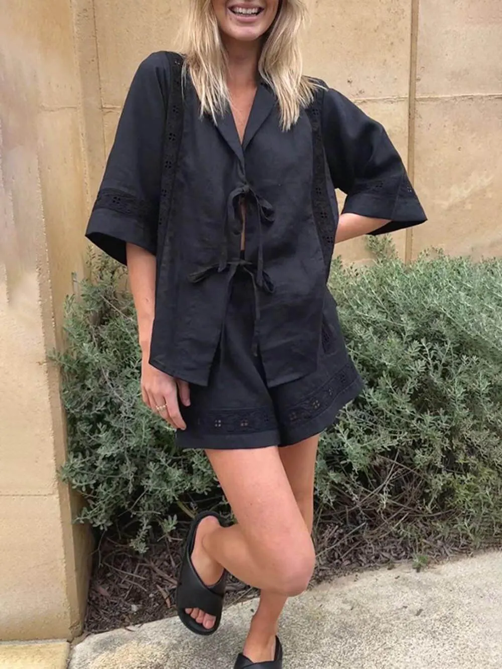 Summer Strappy Hollow Short-Sleeved Shirt And Shorts Two-Piece Set sold by Like My Choice product image thumbnail 3