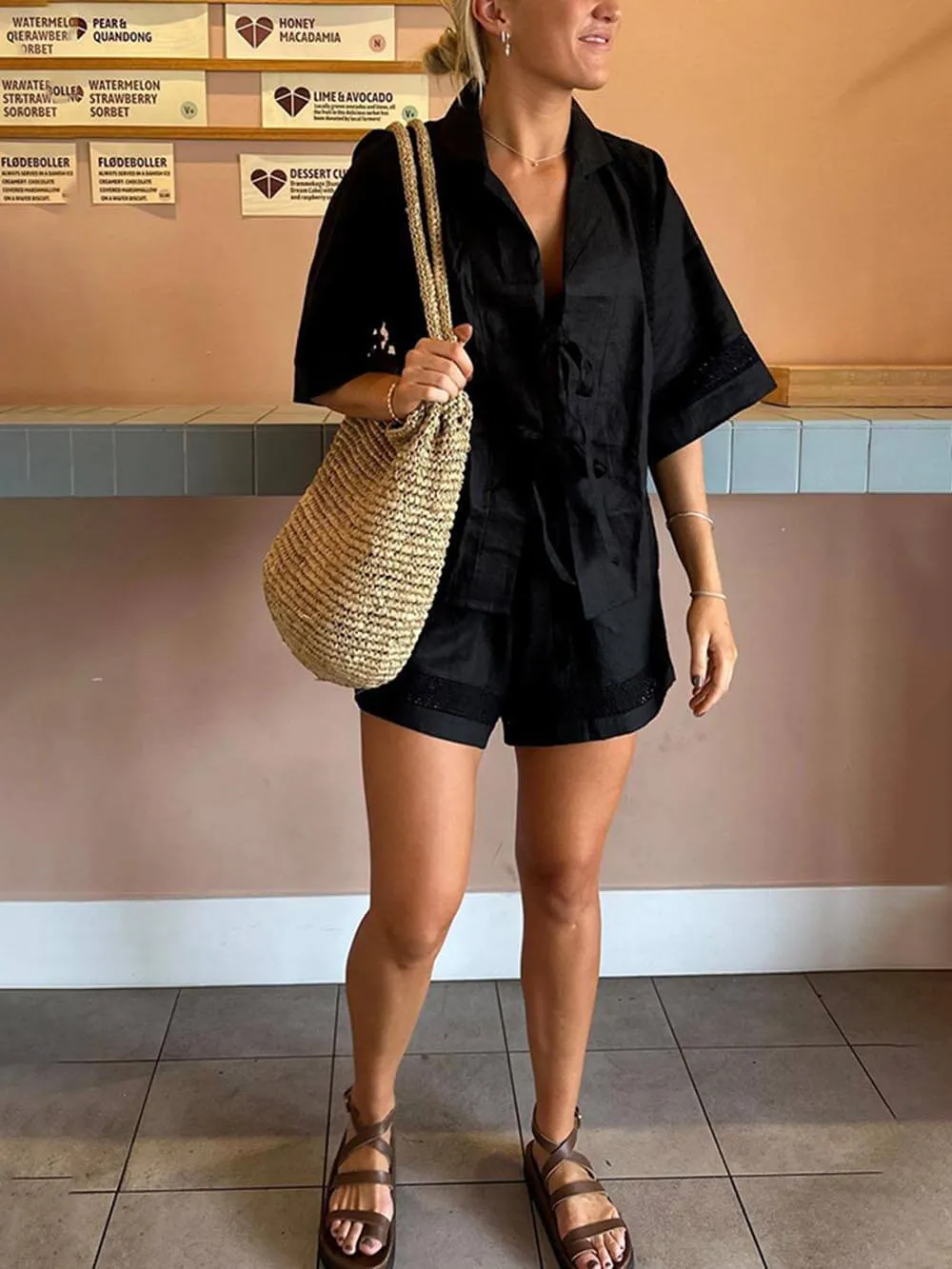 Summer Strappy Hollow Short-Sleeved Shirt And Shorts Two-Piece Set sold by Like My Choice product image thumbnail 5