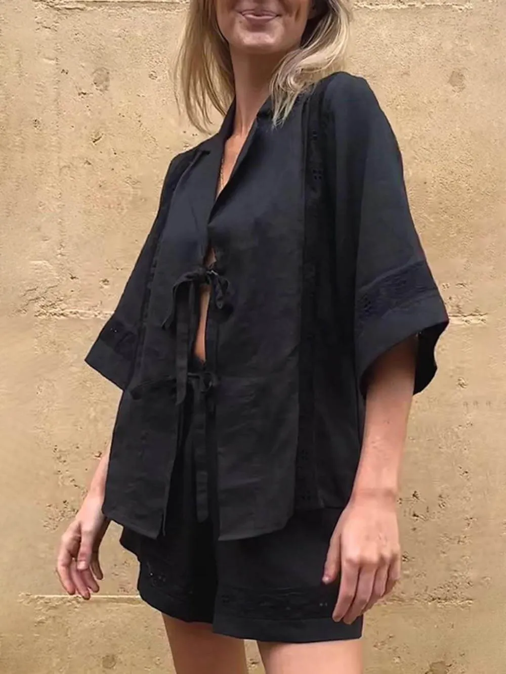 Summer Strappy Hollow Short-Sleeved Shirt And Shorts Two-Piece Set sold by Like My Choice product image thumbnail 4